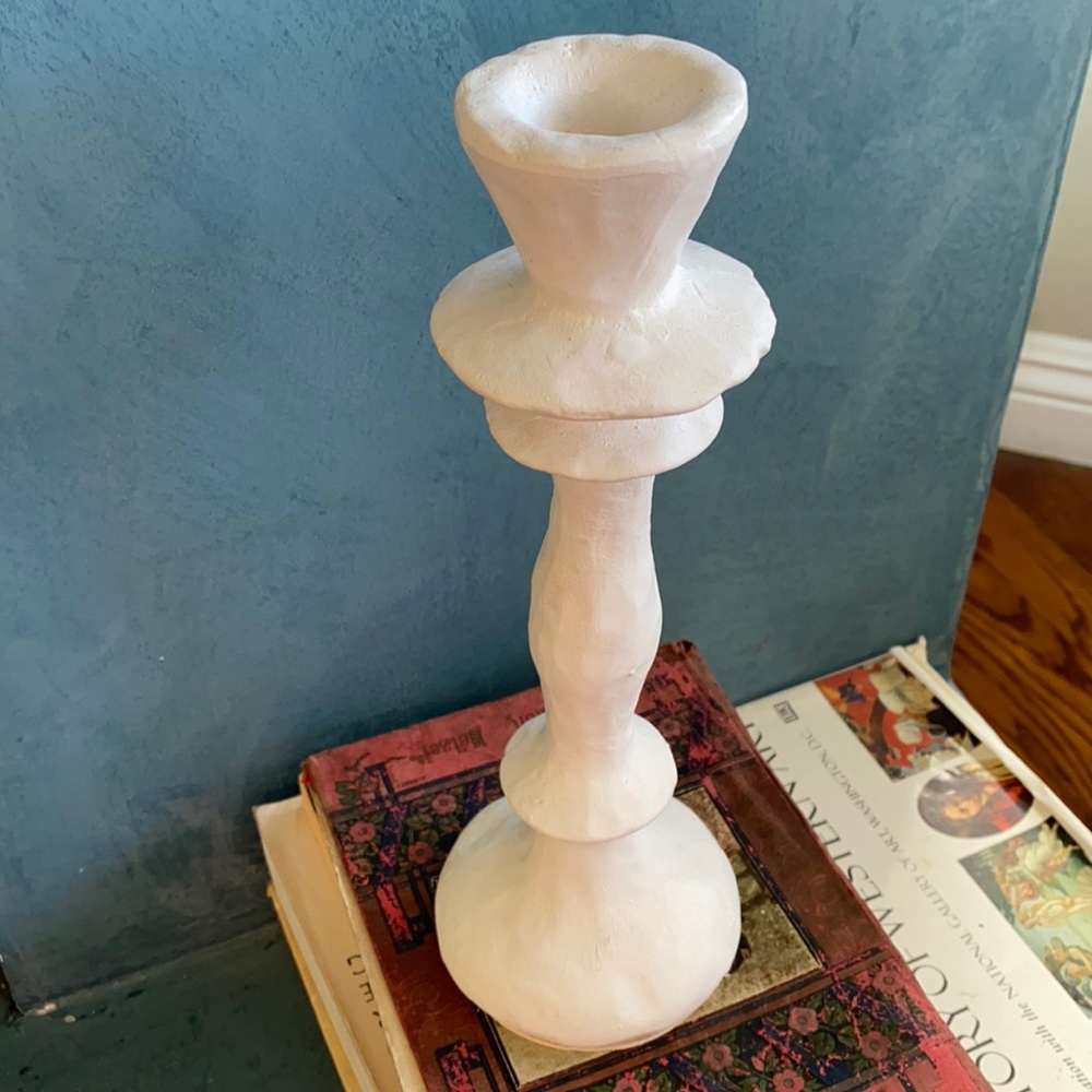 WEST ELM clay,candleholder, white, artisanal feel.